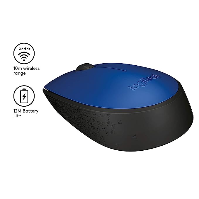 Logitech M171 Wireless Mouse, 2.4 GHz with USB Nano Receiver, Optical Tracking, 12-Months Battery Life, Ambidextrous, PC/Mac/Laptop - Blue (910-004656)