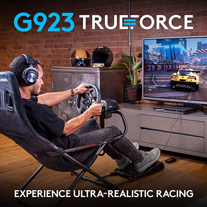 Logitech G923 Racing Wheel and Pedals, TRUEFORCE 1000 Hz Force Feedback, Responsive Driving Design, Dual Clutch Launch Control, Genuine Leather Wheel Cover for PS5, PS4, PC - Black