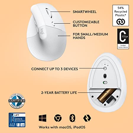 Products Logitech Lift Vertical Ergonomic Mouse, Wireless - Pale Grey