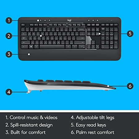 Logitech MK540 Wireless Keyboard and Mouse Set for Windows, 2.4 GHz Wireless with Unifying USB-Receiver, Wireless Mouse, Multimedia Hot Keys, 3-Year Battery Life, PC/Laptop - Black