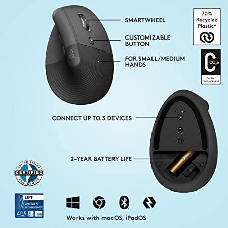 Logitech Lift Vertical Ergonomic Mouse, Wireless - Graphite