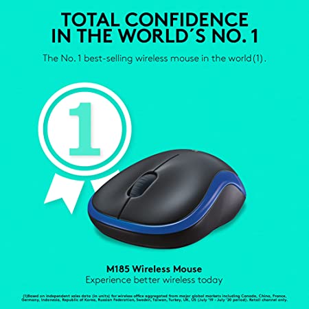 Logitech M185 Wireless Mouse, 2.4GHz with USB Mini Receiver, 12-Month Battery Life, 1000 DPI Optical Tracking, Ambidextrous, Compatible with PC, Mac, Laptop - Blue